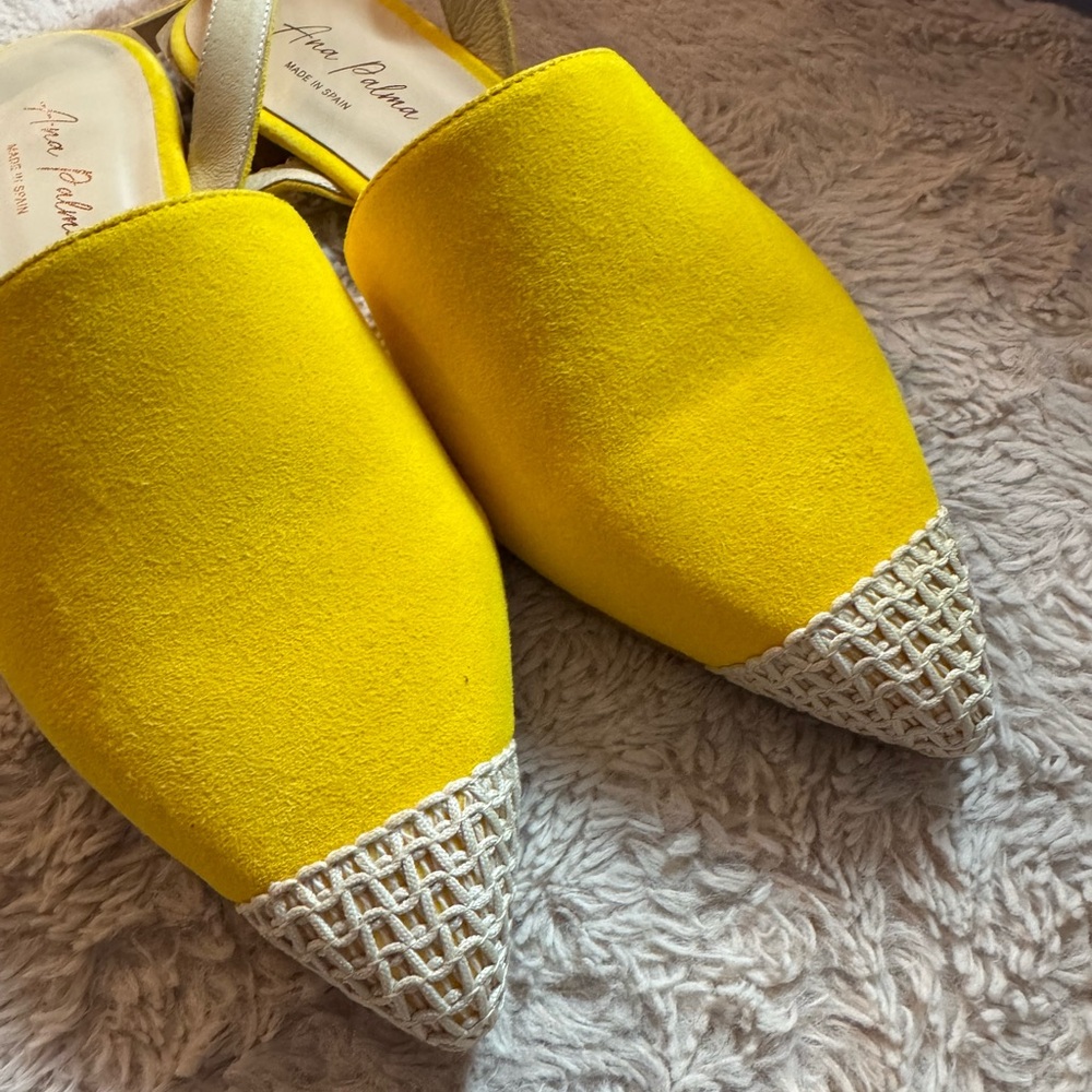 Ana Palma Suede Leather Yellow Slingback Pointed Toe Flat Sandals Size 9.5-10 - Picture 5 of 9